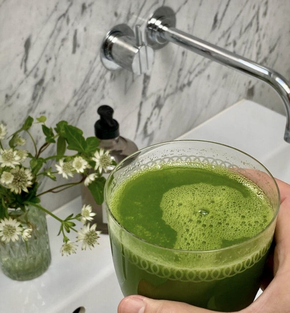 Hälsosam grön juice i glas på badrumssvamp med växtdekoration.