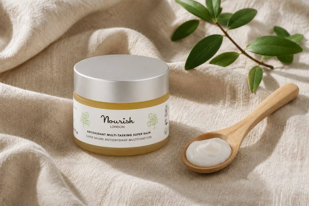 Nourish London Super Balm i en glasburk med träsked på naturmaterial.