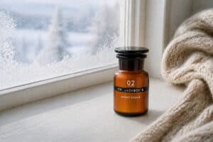 Eteritique Night Cream i glasflaska på fönsterbrädan.