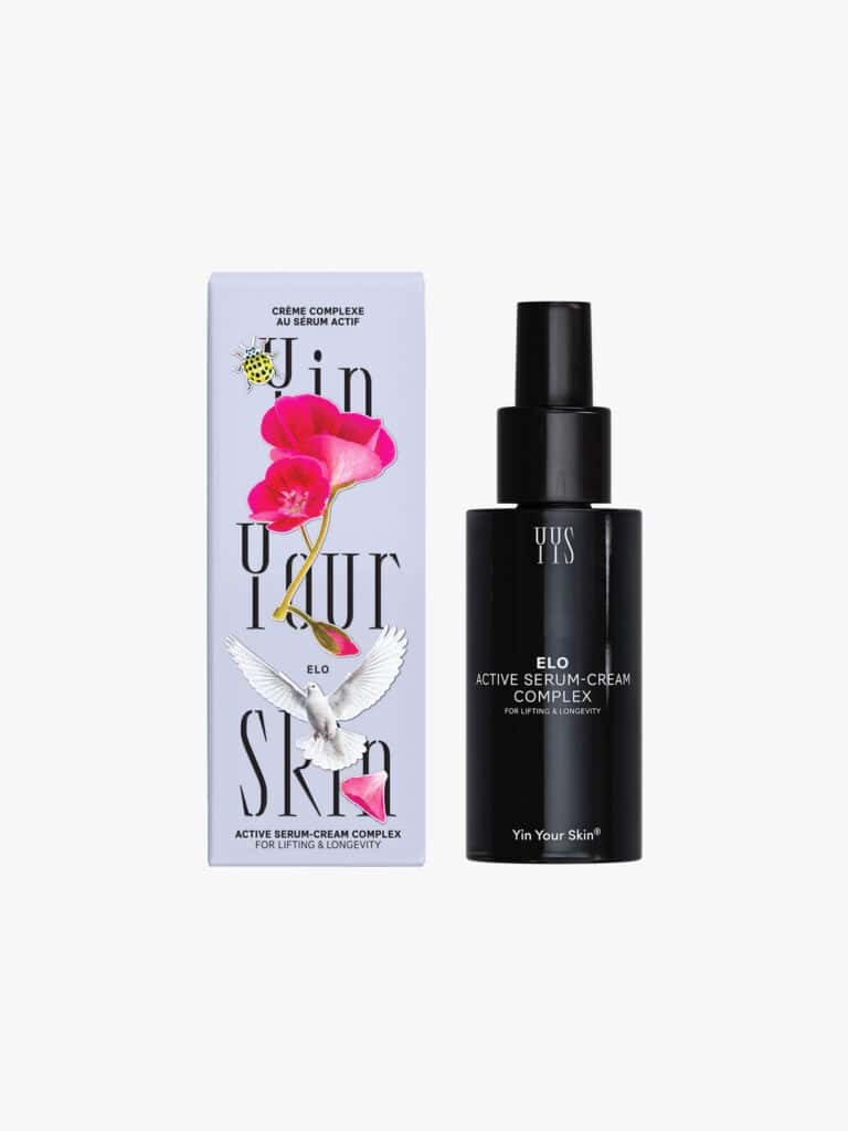 Eteritique ELO serum i svart flaska med blomma och duva.